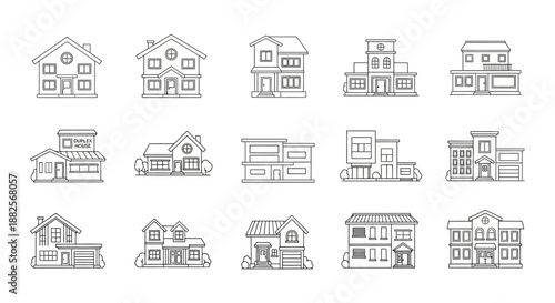 A vast collection of diverse residential and commercial building outlines, showcasing various architectural styles as minimalist vector icons for contemporary projects