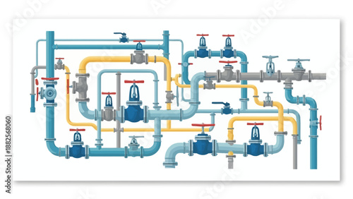 Complex industrial pipeline system with various valves and connections, illustrating fluid transport and mechanical engineering
