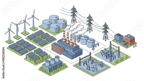 Sustainable energy production featuring solar panels, wind turbines, and a power plant with transmission lines for electricity distribution