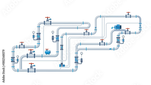 Industrial piping system with valves and pumps, engineering diagram illustration