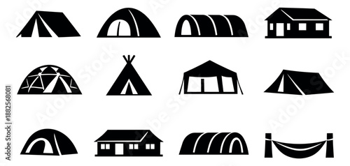 Solid silhouette camping icon set featuring various tent types, cabins, and a hammock for outdoor adventures