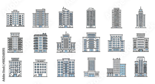 A comprehensive vector collection of modern urban architecture icons, showcasing various building types and styles perfect for city planning and real estate graphic design