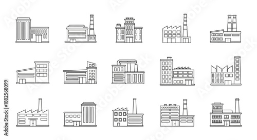 Modern linear vector illustrations depicting various industrial buildings, factories, and manufacturing plants. Symbolizing production, urban development, and enterprise architecture concepts