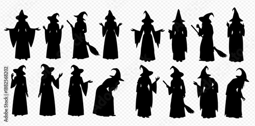 Set of witch silhouettes in various poses with hats and brooms, perfect for Halloween designs and spooky themes.