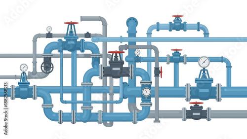 Complex network of blue pipes with valves and gauges, representing industrial plumbing or water systems
