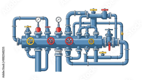 Complex industrial plumbing system with valves, gauges, and pipes, illustrating fluid control and distribution in a manufacturing or processing facility