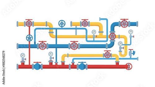 Complex industrial plumbing system with pipes, valves, and pressure gauges, representing fluid transport and infrastructure