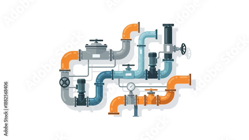 Complex plumbing system illustration with pipes, valves, and gauges on a white background
