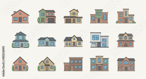 A charming and diverse collection of illustrated houses, featuring various architectural styles from quaint bungalows to multi-story modern homes, ideal for digital projects