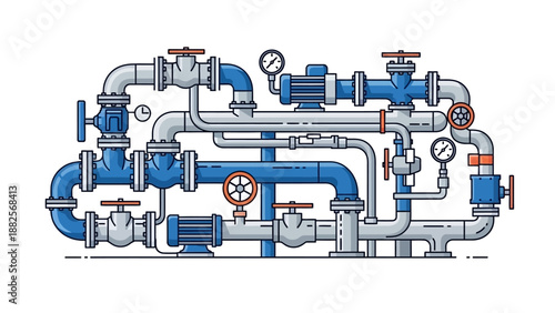 Detailed illustration of a complex industrial pipe system with valves, gauges, and pumps, depicting fluid transfer and control mechanisms