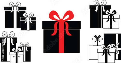 Gift box collection silhouettes, black and white present boxes with ribbon bows, celebration, holiday packaging, vector illustration isolated background