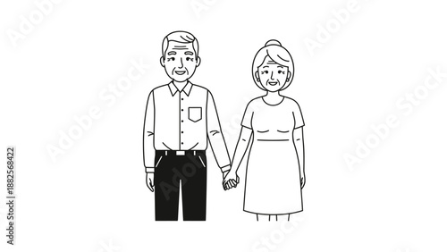 Elderly couple holding hands line art illustration.