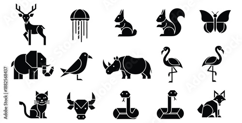 Collection of stylized black and white geometric animal icons representing diverse wildlife from land sea and air for design projects