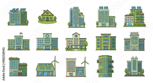 Diverse collection of modern sustainable buildings showcasing eco-friendly architecture and renewable energy solutions for a greener urban future and environmental well-being