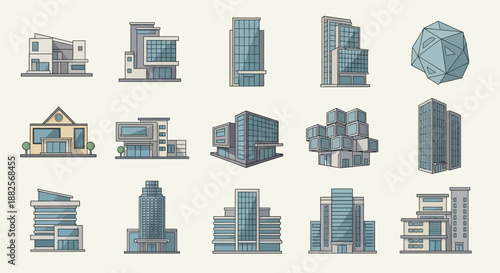Vector set of modern architectural buildings, featuring diverse contemporary office blocks, apartment complexes, and urban structures for city development concepts