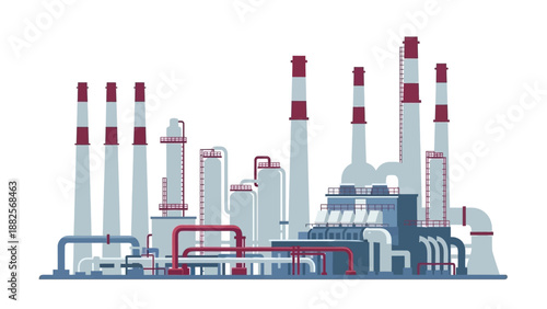 Industrial Factory with Tall Chimneys and Pipes, Representing Manufacturing and Production