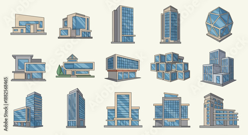 A diverse vector collection of modern architectural illustrations, featuring contemporary city buildings, sleek office complexes, and futuristic urban structures perfect for design concepts