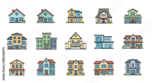 A comprehensive concept of diverse residential architectures, showcasing a charming array of illustrated homes and modern house designs for various communities