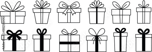 Gift box icon set, present packaging collection, birthday celebration symbols, holiday surprise design, black white line art, minimal vector illustration