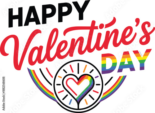 Happy Valentines Day rainbow typography with pride heart illustration celebrating LGBTQ love diversity inclusion for greeting cards posters designs