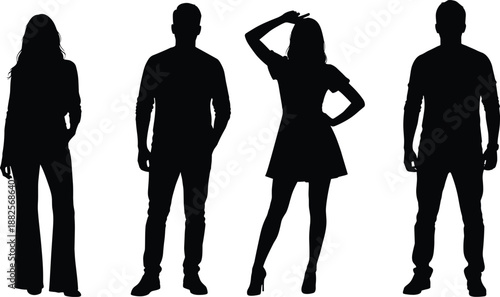 Collection of Casual People Silhouettes Featuring Men and Women in Relaxed Standing Poses Isolated on White Background SetCollection of Casual People Silhouettes Featuring