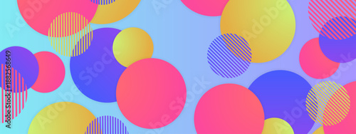 Fresh light blue background decorated with a variety of colorful circles in pink yellow and purple with striped details