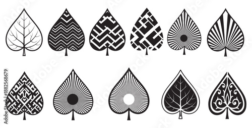 Collection of ten distinct spade suit icons showcasing diverse graphic designs including naturalistic geometric maze and abstract decorative patterns for artistic use