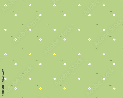 シンプルな草花柄のシームレスパターン　絵本やアニメなどの草原をイメージした、草と花模様のかわいい背景画像ベクターイラスト