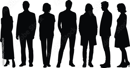 Group of diverse professional business people standing in a row as black silhouettes isolated on white background for corporate teamwork concepts
