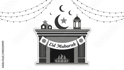 Eid Mubarak fireplace decoration with crescent and lantern.