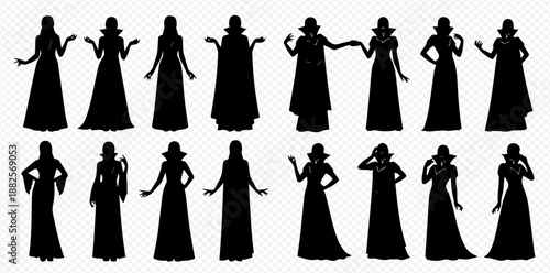 Set of female silhouettes in long dresses and hats, depicting various poses and styles.