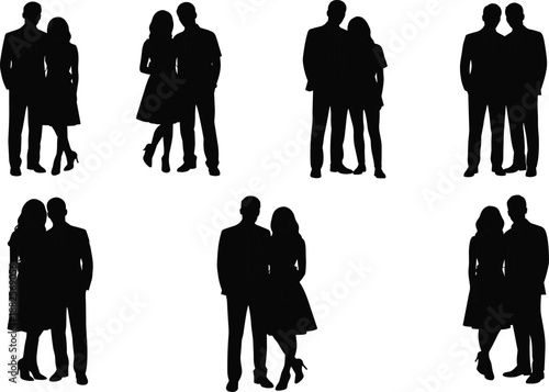 Collection of romantic couple silhouettes in various poses including wedding pairs, young lovers, and partners standing together for minimalist graphic design