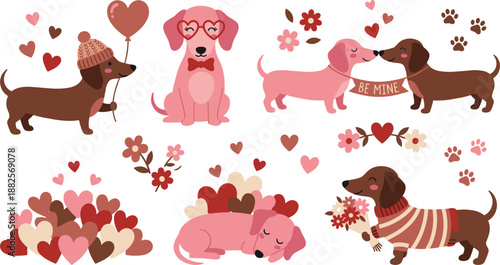 Cute Valentine dog illustration set with romantic puppies hearts flowers and love elements for greeting cards prints and designs