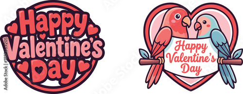 Happy Valentines Day cute cartoon badge and love birds illustration with hearts for romantic greeting cards stickers and designs