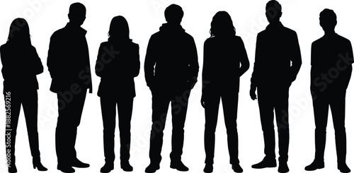 Group of diverse professional people silhouettes standing together in a row as a successful business team for corporate community unity