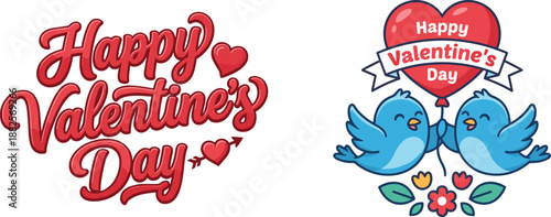 Happy Valentines Day hand lettering typography and cute love birds illustration set for romantic greeting cards stickers and designs