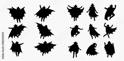 Set of Vampire Silhouettes in Various Poses for Halloween and Gothic Themes.