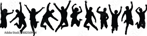 Group of happy people jumping in celebration silhouette vector, energetic youth crowd cheering and leaping for joy, success and freedom