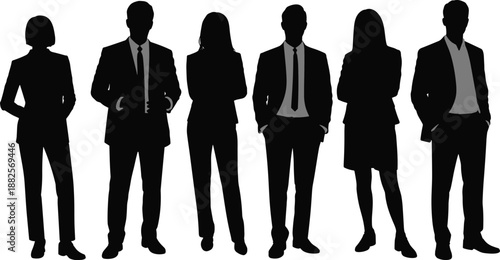 Group of professional business people silhouettes standing in a row, diverse corporate team, executive leadership, men and women, isolated white background