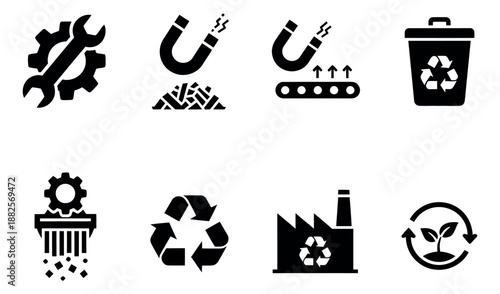 Solid glyph icon industrial and recycling set featuring maintenance tools, magnets, a shredder, factory, and various recycling symbols for manufacturing, waste management, and sustainability