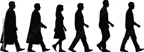 Group of diverse people silhouettes walking in a row side view isolated on white background for motion lifestyle concepts