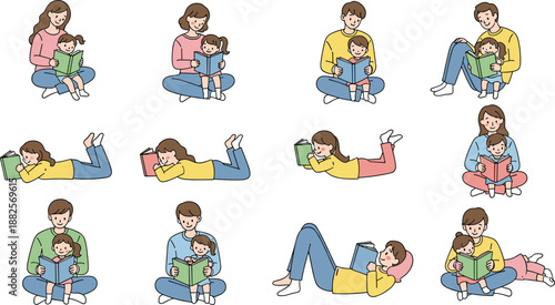 Family reading together illustration set showing parents and children enjoying books in various sitting and lying poses, educational storytelling cartoon graphics