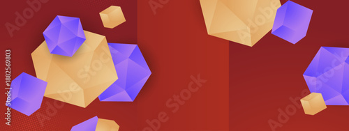 Sophisticated background featuring floating 3d cubes and polygons in purple and tan over a dark red base
