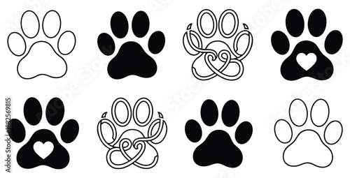 Collection of eight stylized animal paw print vector icons featuring solid fills outline designs heart accents and intricate celtic knot patterns perfect for pet themes