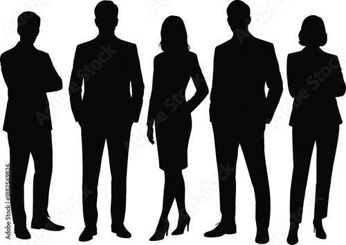 Professional business team silhouettes of successful men and women standing in formal suits isolated on white background for corporate design (21 words)
