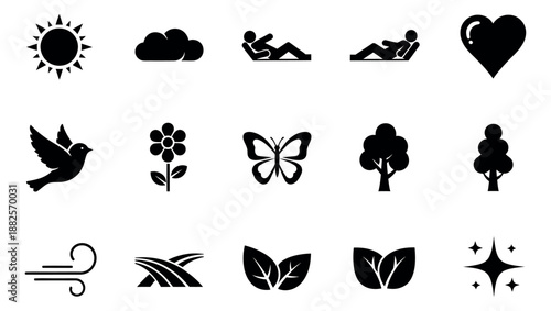 Simple solid icon nature and wellness set featuring sun, clouds, trees, flowers, butterflies, and people relaxing for ecological and health-related designs