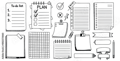 Collection of hand drawn stationery elements featuring various blank to do lists planning pages notebooks stickers checklists and decorative ribbon banners perfect for journaling