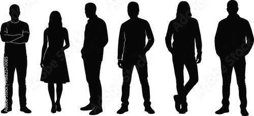Set of diverse people silhouettes standing in various poses wearing casual clothing isolated on white background for web design and creative projects