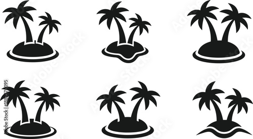 Palm tree island silhouette icon collection with tropical beach variations in black minimal style for travel vacation design