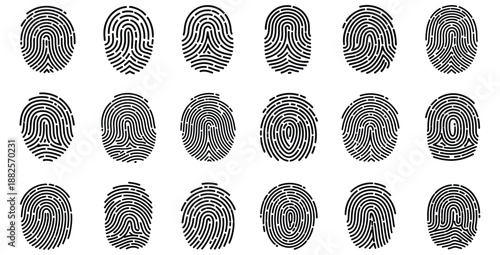Collection of eighteen distinct black and white fingerprint identification icons showcasing various loop whorl and arch patterns for security concepts